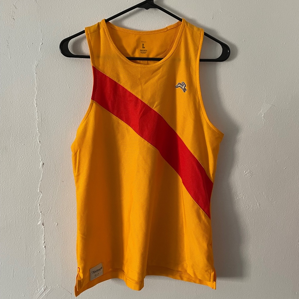 Tracksmith Vc singlet in yellow and red, Womens L